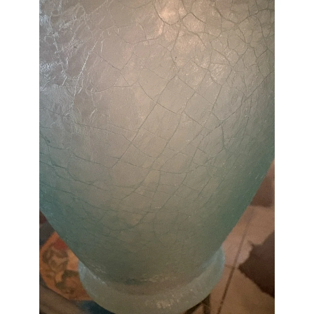 VTG Hand Blown Crackle Glass Vase Light Aqua Teal Flared Rim 11.5